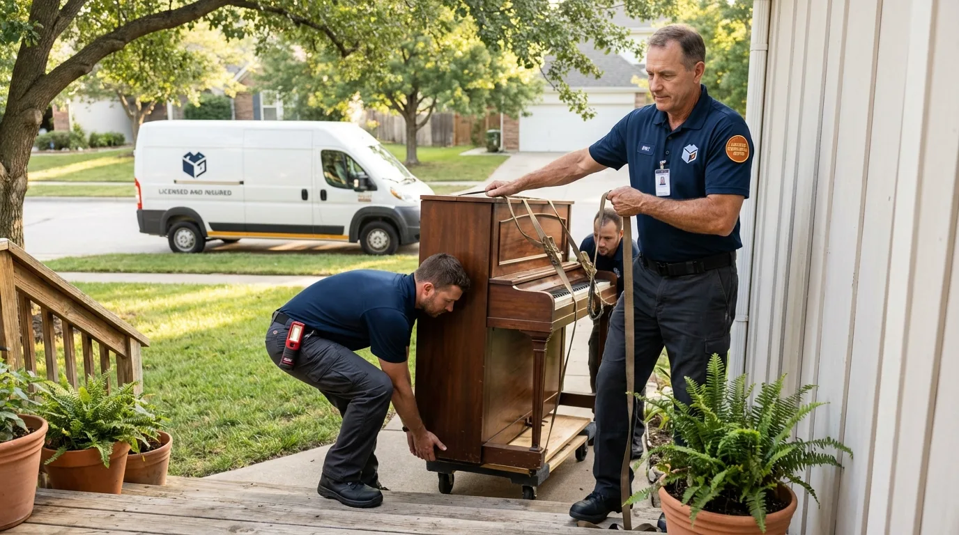 Licensed piano movers securing grand piano in Niwot, CO