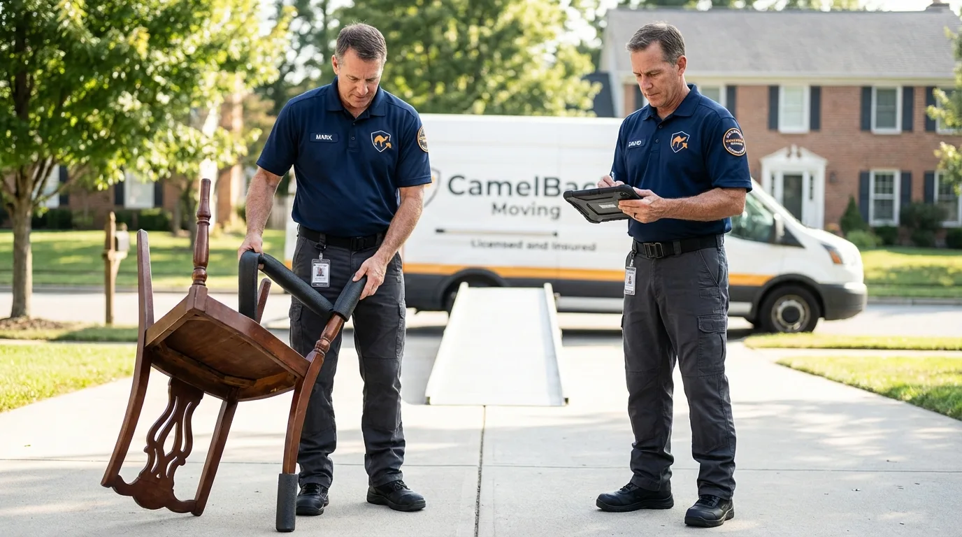 Movers inspecting furniture for damage prevention before loading in Niwot, CO