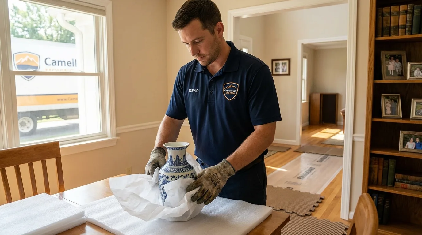 Professional crew carefully wrapping antique vase for senior downsizing move in Niwot, CO